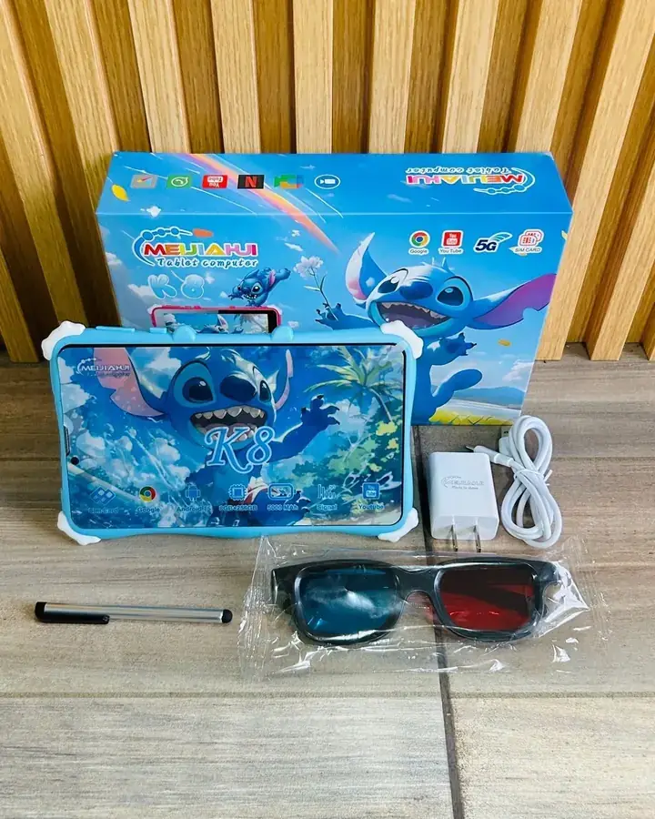 Tablet infantil con funda, cargador y lentes
