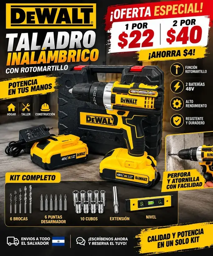 Promoción publicada por TecnoCity SV: Taladro inalámbrico con rotomartillo — kit completo
