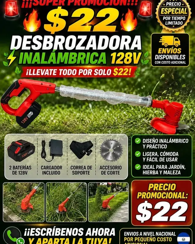 Promoción publicada por TecnoCity SV: Desbrozadora eléctrica inalámbrica 128 V