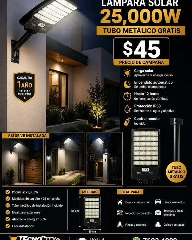 Promoción publicada por TecnoCity SV: Lámpara solar de 25.000 W con tubo metálico
